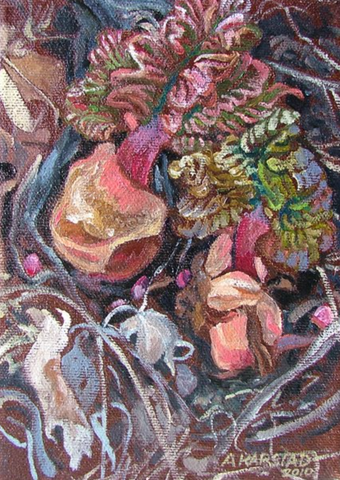 12 - Rhubarb Ruffles (original oil painting, 5 x 7 in, framed)