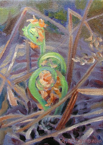 10 - Early Fiddleheads (original oil painting, 5 x 7 in, framed)