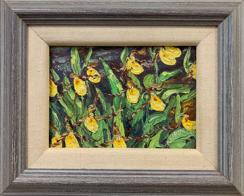 16 - Yellow Lady’s Slipper Orchids 1995 (6x8 in. oil on canvas board, framed)